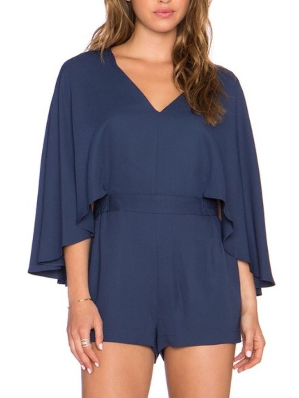 BCBGMaxAzria Navy V-Neck Cape Sleeve Romper Medium